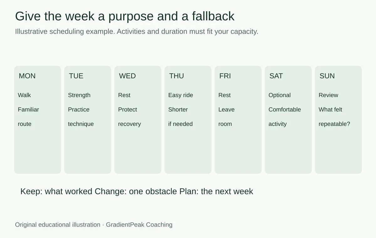 A fictional seven-day calendar includes walking, strength practice, rest, an easy ride, optional activity, and a review.